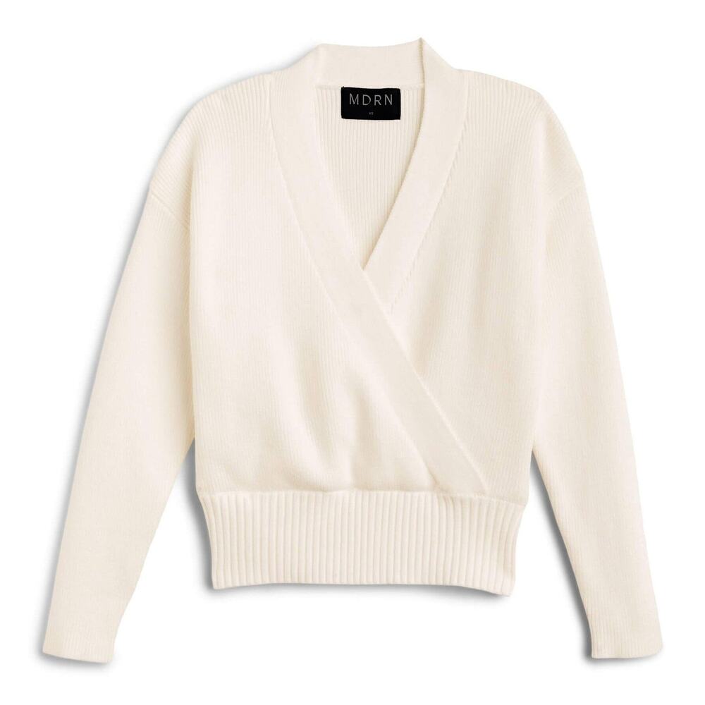 MDRN V-Neck Cropped Wrap Sweater Long Sleeve Cream - XS